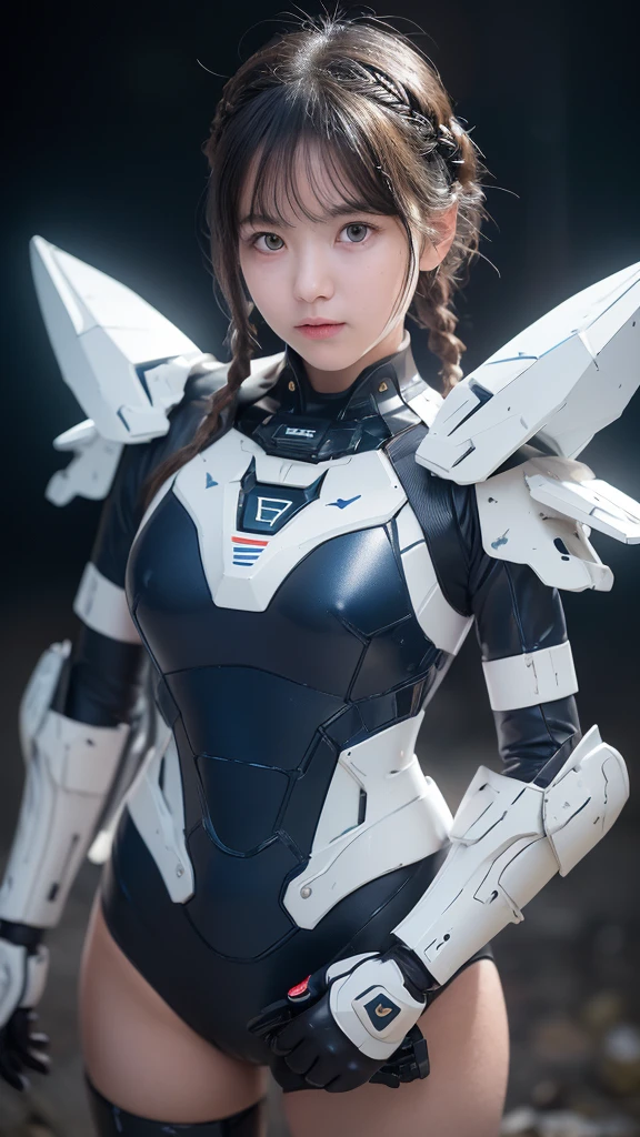 (Highest quality)), ((masterpiece)), (Very detailed: 1.3), 3d, {(1 Girl)}, (wear Dark blue old school swimsuit under armor:1.2), Non-armored waist, wears a futuristic white Gundam mecha,(Gundam), With headgear, With V-fin , Armored Shoulders,Armed, Armor under the feet, Dark blue old school swimsuit, Multi-layer texture perfect ratio, Octane Rendering, Duotone Lighting, Low ISO, wide aperture, White balance, Three-part method, Ultra HD 16K, High resolution (High Dynamic Range), Ray Tracing, NVIDIA, Super Resolution, Scattered beneath the surface, PBR Texturing, Post-processing, Anisotropic Filtering, Depth of written boundary, Maximum clarity and sharpness, Highly efficient subpixels, Subpixel Convolution, Particles of light, Scattered Light, Tyndall effect, whole body:1.5, Combat pose, cute, (cute:1.2), (Bobcut:1.3),Braid, Black Hair, Thick eyebrows, Light-colored irises, Big, bright black eyes, Long eyelashes, Small, light-colored, natural lips, (The average face of the Japan idol), (日本人特有のBaby Face:1.3), (), Wide forehead:1.2, Plump Cheeks, Small jaw, Shoulder-mounted underwater thrusters, In the calm waters of Iceland,View your viewers,Focus on the eyes