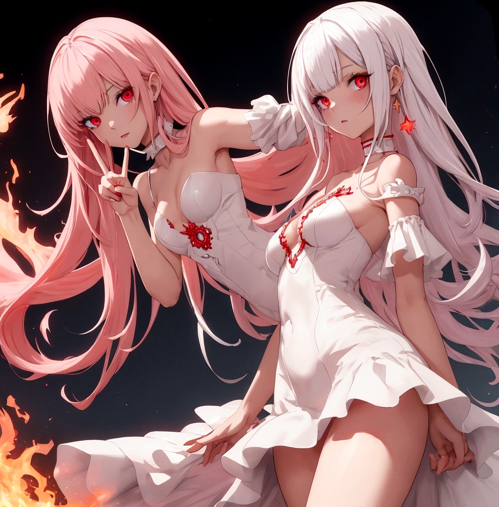 masterpiece, White glowing coral pink hair, long hair, glowing red eyes
Eyes, torn white shoulder strap dress, suspicious atmosphere, eerie,  small breasts, white skirt, thin body, Cool Beauty, red concentrated line background,  collarbone, red energy bullet, fire, starry star scloud colorful, arms, hands, peace sign, finger, nail, skin suit, ,