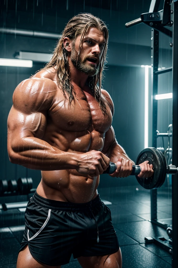 In this image, a muscular thor is captured in a gym setting during what appears to be a rainstorm. He's holding two dumbbells and has his mouth open as if he's exerting effort or possibly shouting. His attire consists of black shorts and he has long hair that's wet, suggesting the rain. The gym equipment is illuminated by blue lighting, creating an intense atmosphere. There are droplets visible in the air around him, reinforcing the rainy conditions.