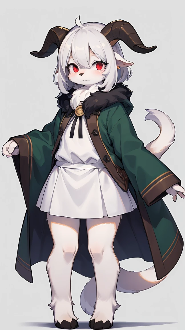 Rori the fox, riding on wolf, was hairy, shaggy, skin fur, smooth lashes, white fur, forelimb hands, straight long white hair, solid circle eyes, ((goat horns)), white facial fur, shiny hair, red eyes, super cute face, 1goat tail, fluffy tail, furry tail, glowing eyes, green cloak, white skirt, standing, sad face, ambient light, ultra-fine fur, dashed eyes, full body, masterpiece, high quality, high-details, best quality, wide short, (((solo)))