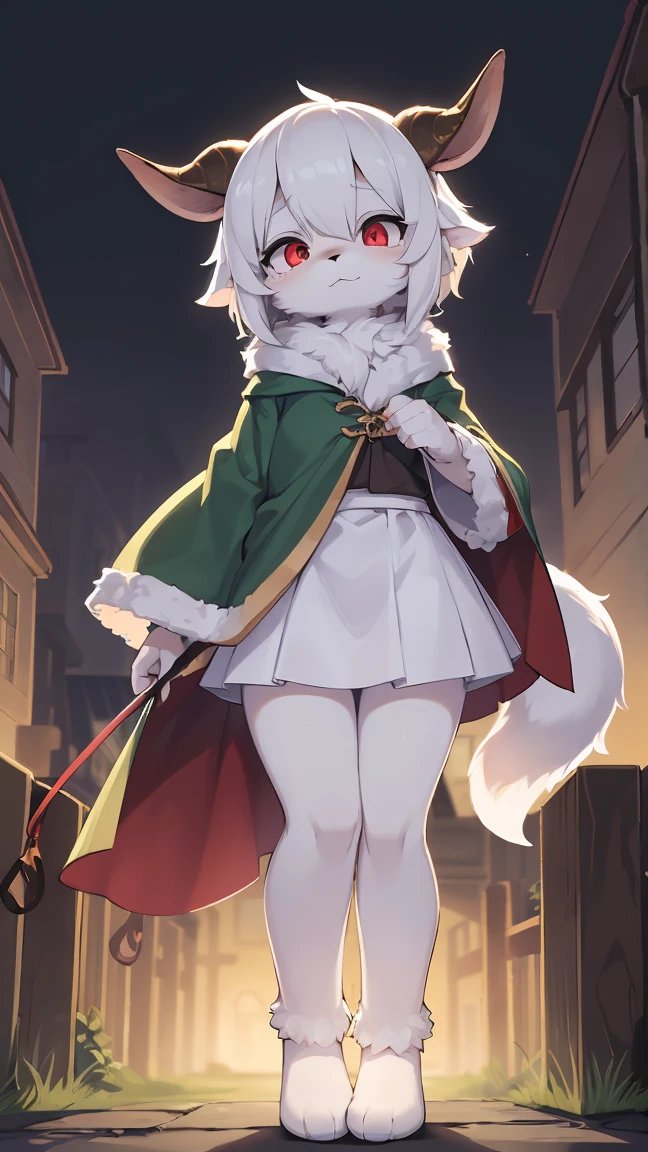 Rori the fox, riding on wolf, was hairy, shaggy, skin fur, smooth lashes, white fur, forelimb hands, straight long white hair, solid circle eyes, ((goat horns)), white facial fur, shiny hair, red eyes, super cute face, 1goat tail, fluffy tail, furry tail, glowing eyes, green cloak, white skirt, standing, sad face, ambient light, ultra-fine fur, dashed eyes, full body, masterpiece, high quality, high-details, best quality, wide short, (((solo)))