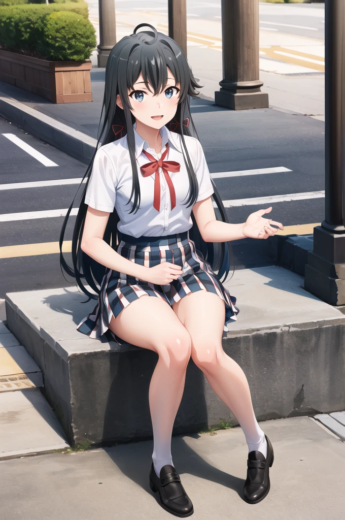 masterpiece, Highest quality, High resolution, aayukino, Long Hair, Ahoge, Hair Ribbon, clavicle, Neck ribbon, White shirt, Short sleeve, Checked skirt, Knee-high,Reaching out, smile, Open your mouth, amusement park, Sitting on the ground,M-shaped legs,&quot;Showing her underwear&quot;,Tie pants