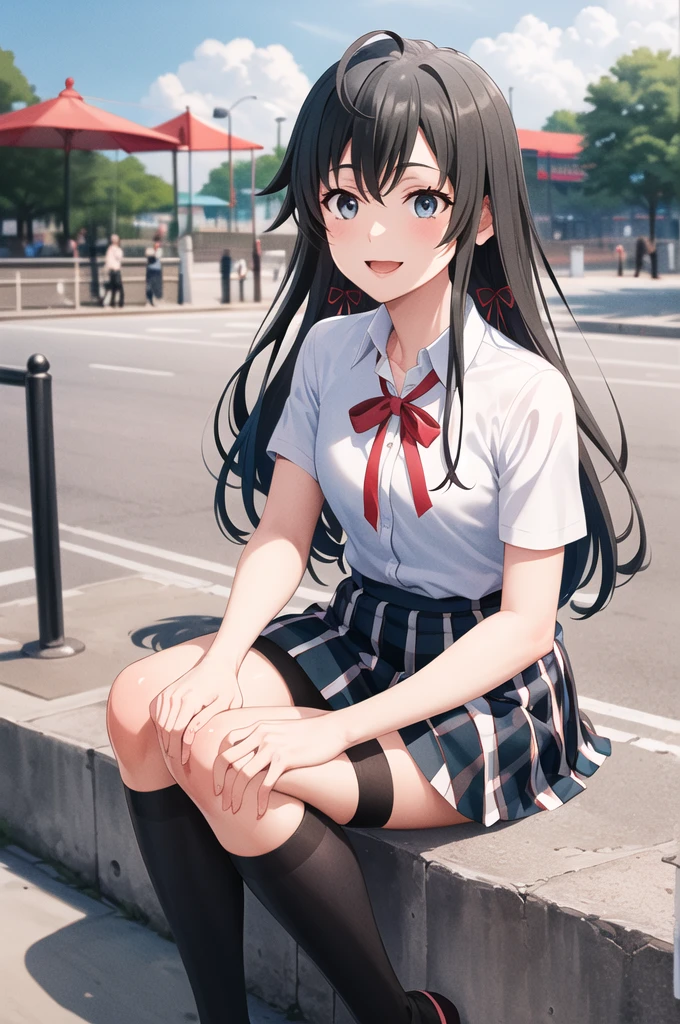 masterpiece, Highest quality, High resolution, aayukino, Long Hair, Ahoge, Hair Ribbon, clavicle, Neck ribbon, White shirt, Short sleeve, Checked skirt, Knee-high,Reaching out, smile, Open your mouth, amusement park, Sitting on the ground,M-shaped legs,&quot;Showing her underwear&quot;,Tie pants