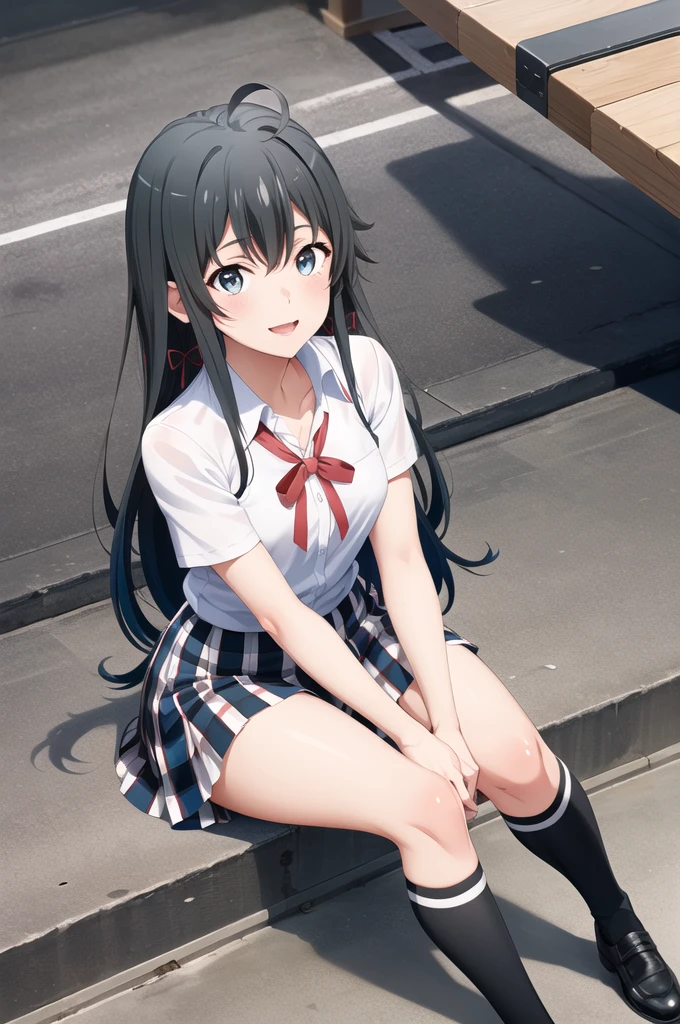 masterpiece, Highest quality, High resolution, aayukino, Long Hair, Ahoge, Hair Ribbon, clavicle, Neck ribbon, White shirt, Short sleeve, Checked skirt, Knee-high,Reaching out, smile, Open your mouth, amusement park, Sitting on the ground,M-shaped legs,&quot;Showing her underwear&quot;,Tie pants