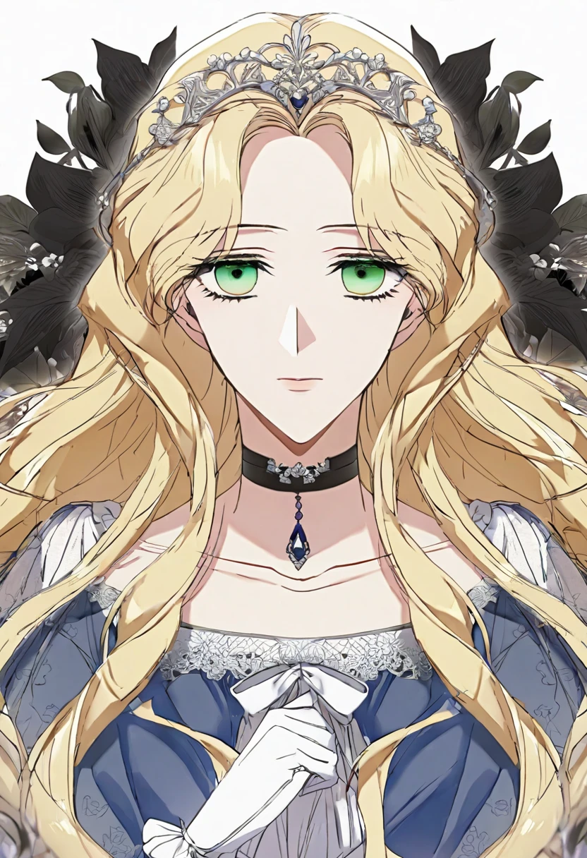 shoujo-style, floral background, romance manhwa, 1girl, blonde hair, solo, long hair, flower, dress, tiara, white dress, gloves, long sleeves, choker, green eyes, mascara, makeup, white gloves, black bow, black flower, wavy hair, bow, jewelry, looking at viewer, white background, collarbone, puffy sleeves, silver accessories, upper body, parted bangs, very long hair, blue dress, frills, bangs, closed mouth, detailed eyes, close up, gleaming skin, shiny glossy skin