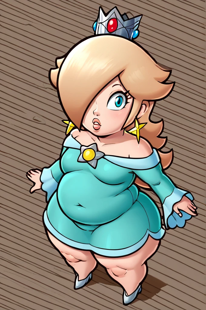 score_9, score_8_up, 2D, flat color, thick outlines, 1girl, solo, rosalina, light blue dress, ((chubby body)), ((big thighs)), short stack, ((fat)), Birds Eye view, from above, looking at camera