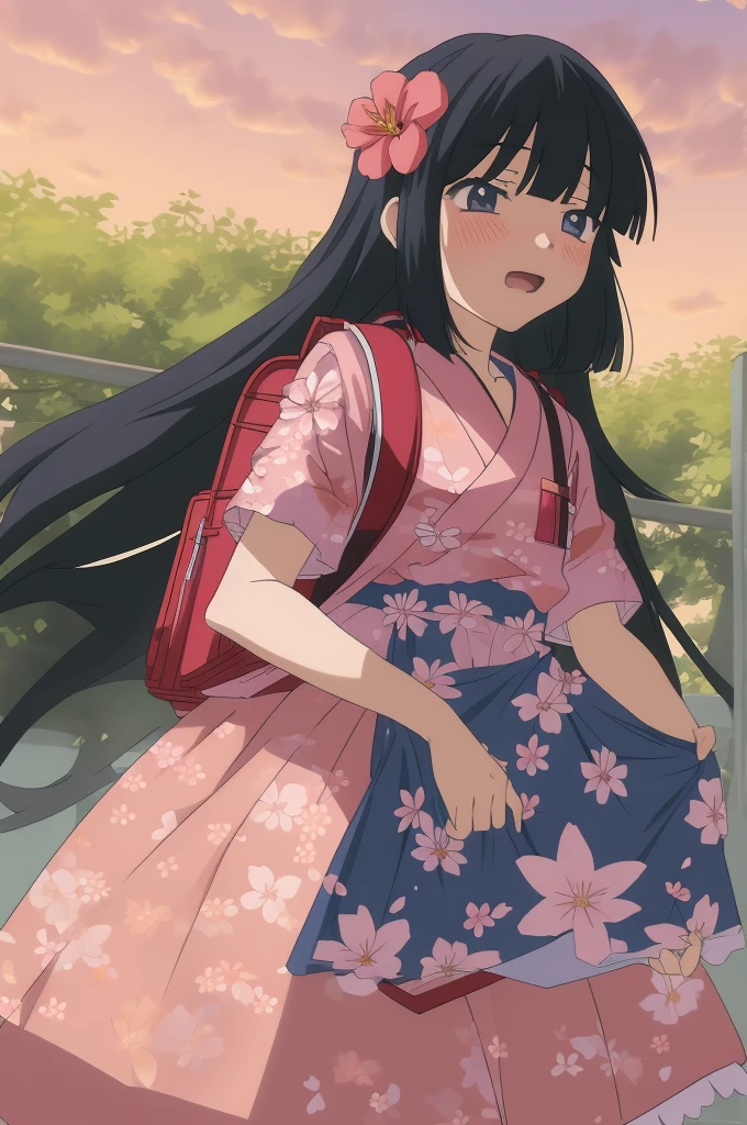 kagami kuro, (backpack), (floral dress), 8k, masterpiece, absurdres, anime,