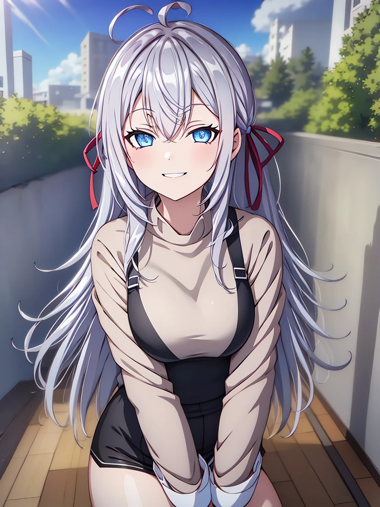 alya, long hair, silver hair, ahoge, crossed bangs, hair ribbon, sidelocks, blue eyes, smile mouth, face of happiness 