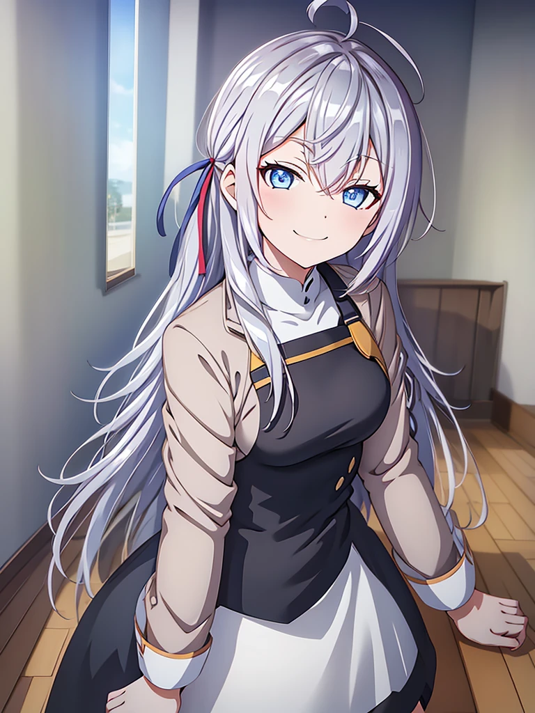 alya, long hair, silver hair, ahoge, crossed bangs, hair ribbon, sidelocks, blue eyes, smile mouth, face of happiness