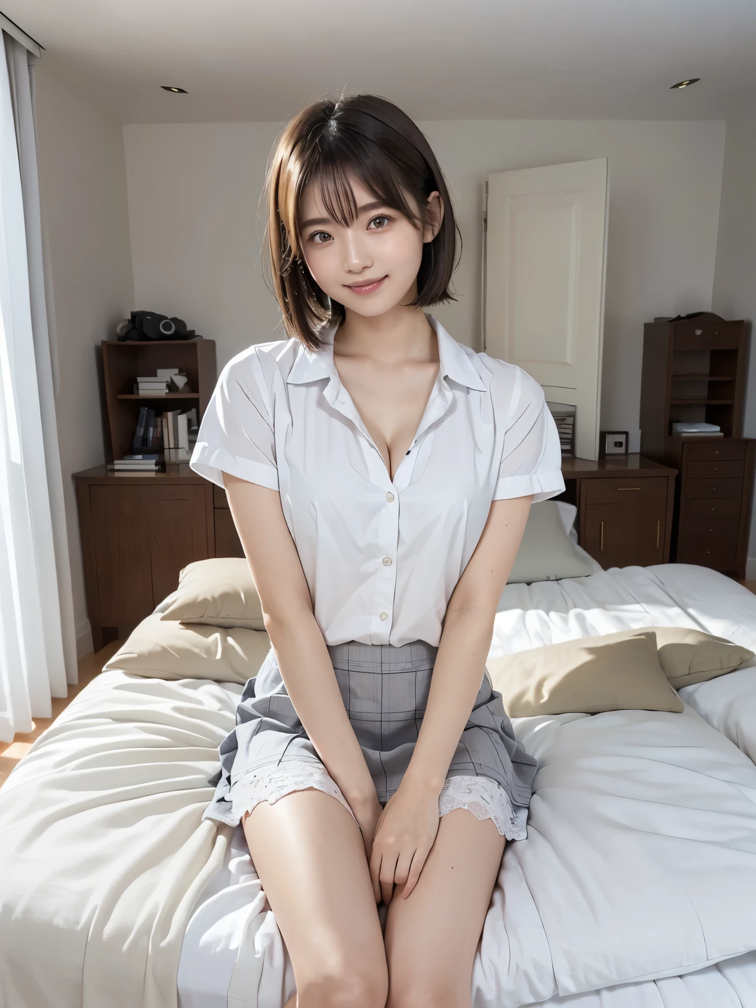 (Highest quality:1.9)、(High resolution)、Live-action image quality、((A 19-year-old pure female college student、1 person))、Soft lighting by a professional photographer、Natural light、((Very spacious white luxurious room:1.6))、((Bright white room:1.6))、(Sitting on a very luxurious white bed:1.2)、(White Bookcase:1.1)、Natural soft light、((Brown hair color:1.1))、Fair skin、Detailed Eyes、double eyelid、Slightly puffy cheeks、((Small Face:1.0))、((Pink lace short sleeve buttoned shirt、Please wear it with the chest open.:1.1))、((Grey checked flared mini skirt))、Live-action image quality、E cup bust、Cleavage、(smile)、((Girly pose 1.8))、((short hair:1.1))、((Full Body Shot:1.2))、((Height: 150cm))、Hands in front、Hide your hands between your legs、The shirt buttons are white