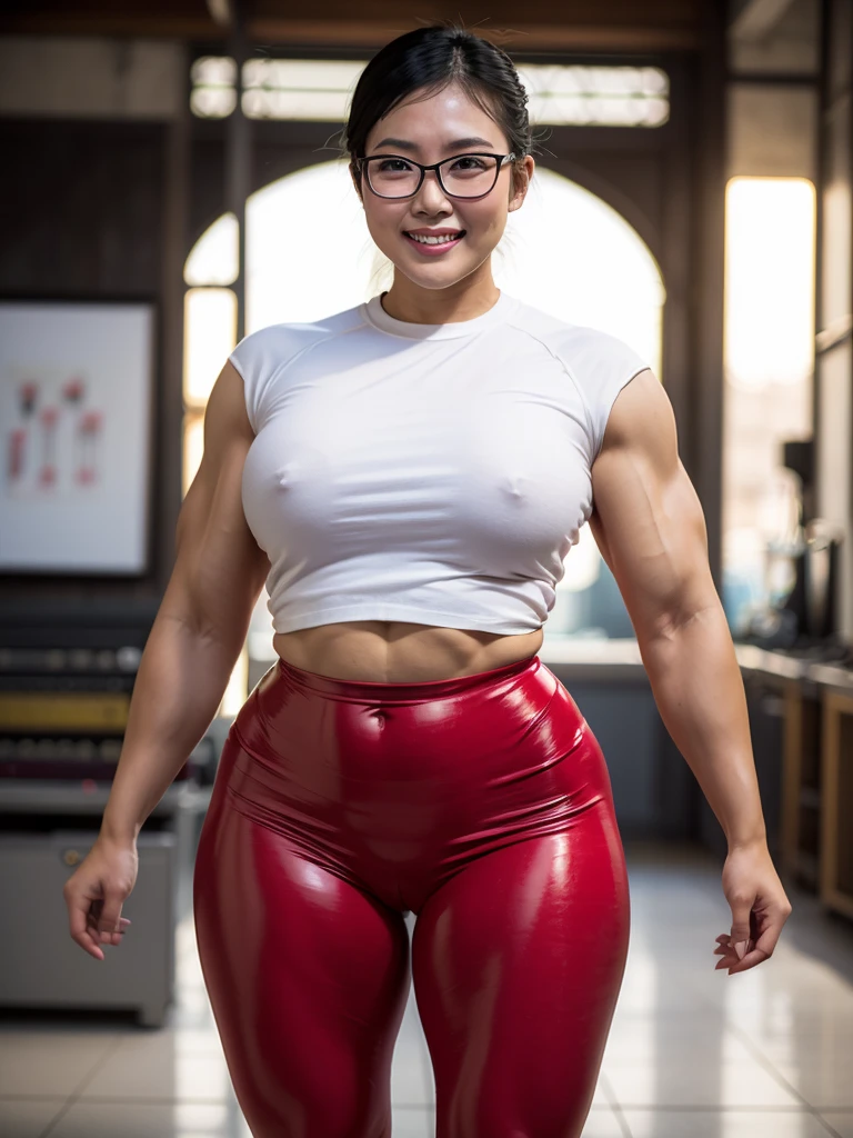 ((best quality)), ((Masterpiece)), (4k details), realistic, full body, (((asian woman))), Red tight rubber leggings, white cotton shirt , ชุดกี่เพ้า, very short hair, Eyes in front of the camera, ไม่โป๊, ((Big muscles)), ((Big hips)), red lips, smile showing teeth, (((The real organ is not distorted.))), Wear glasses,