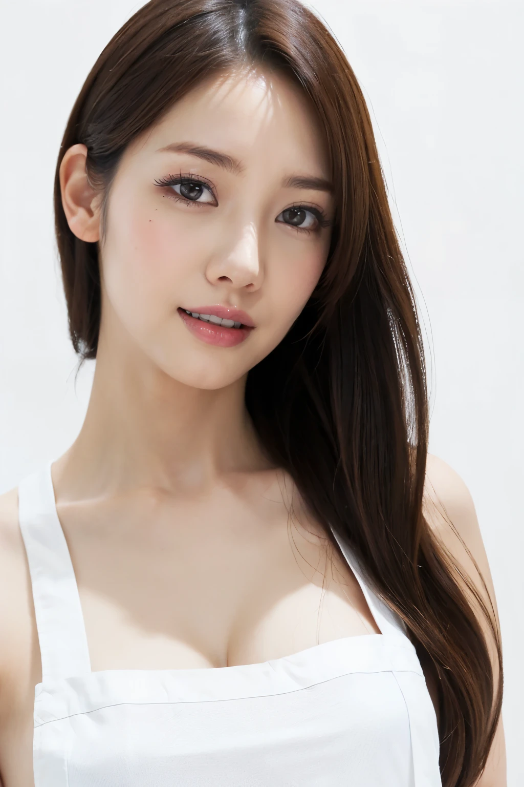 (Highest quality、Tabletop、8K、Best image quality、Award-winning works)、One perfect beautiful mature woman、Perfect beautiful face、(Perfect apron:1.3)、Perfect beauty portrait、Glowing Skin、Brown Hair、(Large Breasts:1.1)、(Cleavage:1.1)、(Slender body:1.1)、(Accentuate your body lines:1.1)、Standing Elegantly、Front facing body、Stand upright、(Face close-up:1.4)、Woman looking up at me、(The simplest solid white background:1.3)