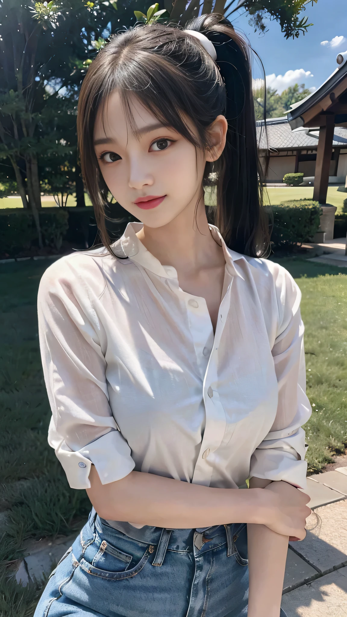 White collared shirt,jeans,Park,On the lawn,Close up face,One woman,masutepiece, The highest image quality, High quality, the background is clear,Beautiful woman, Japanese,Ultra-detailed, finely detail, hight resolution, 8K Wallpaper, Perfect dynamic composition, Beautiful detailed eyes , Detailed, Detailed eyes, Detailed skin, Beautiful skin, 超hight resolution, (reality: 1.4),Very beautiful woman, Slightly younger face, Beautiful skin, slender, (Ultra photo realsisim), (hight resolution), (8K), (Very detailed) (beautifully detailed eyes), (super detailed), (Detailed face), view the viewer, Fine details, Detailed face, Staring straight ahead, Staring straight ahead, photos realistic, Bright lighting, Professional Lighting, Black hair,poneyTail,a baby face,fourteen years old,Hairstyle: ponytail,Long ponytail hairstyle,slight smile,neat and tidy clothing,Beautiful Japanese KPOP idol photo, hair style is ponytail, my eyes are double and wide, baby face, smile and look straight ahead, slender, small breasts,Close up face,