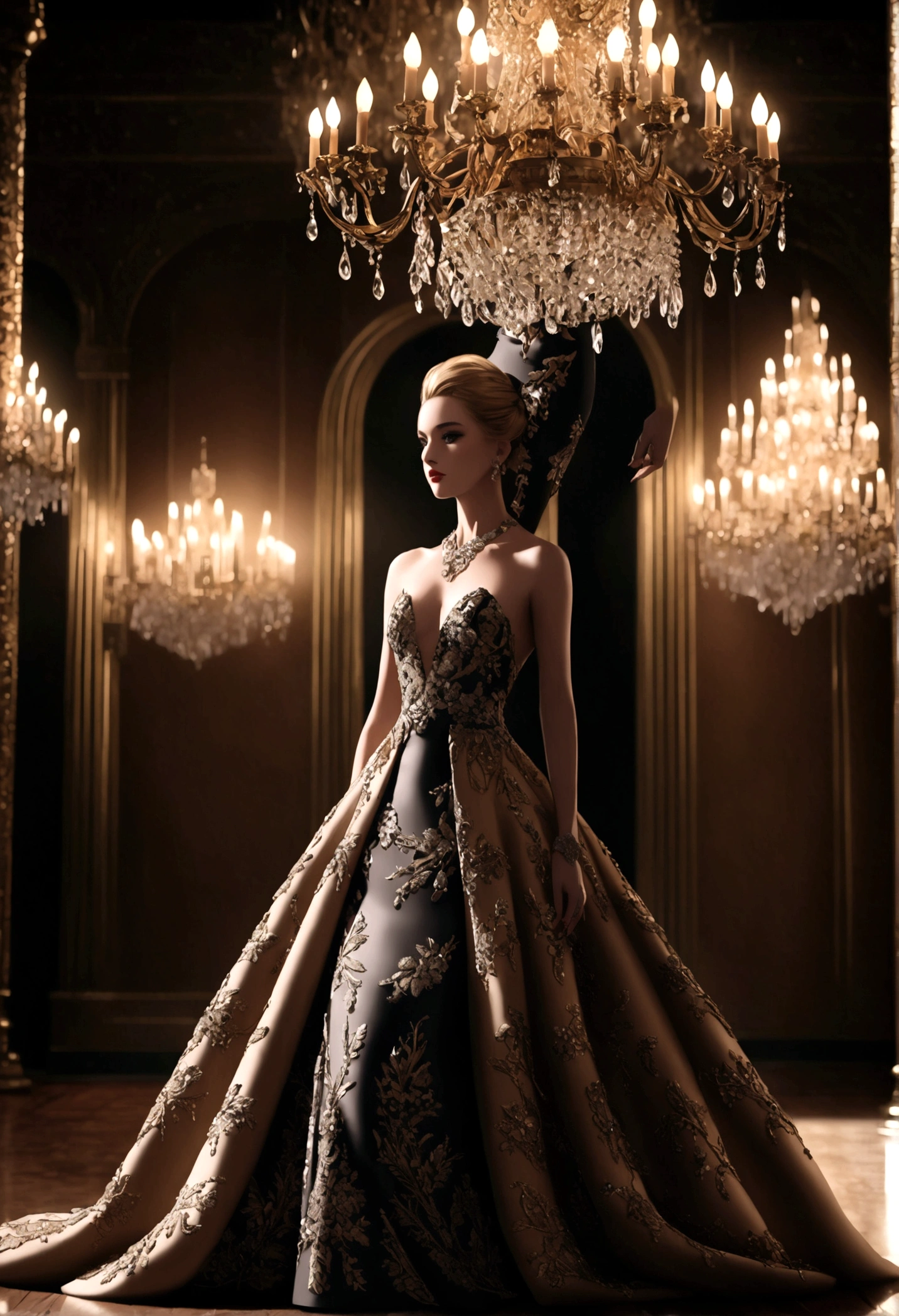 1girl, a beautiful woman wearing a elegant evening dress, Evening Dress, detailed face, detailed eyes, detailed lips, long eyelashes, wavy blonde hair, standing in an ornate ballroom, dramatic lighting, cinematic composition, intricate dress details, luxurious fabrics, flowing dress, glittering jewelry, chandelier, high ceilings, parquet floor, (4k,8k,highres:1.2), ultra-detailed, cinematic lighting, dramatic shadows, warm color tones, rich textures, couture fashion, high fashion photography, masterpiece, best quality, very aesthetic, absurdres
