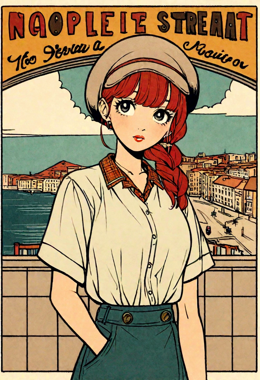 (CREATE A DESIGN) | ILLUSTRACTION : women | VABE : korean vibe | DETAILED : naples, Retro Illustrations, Urban style, streat wear, vintage typography, color schemes, and imagery, to create a nostalgic and timeless aesthetic.