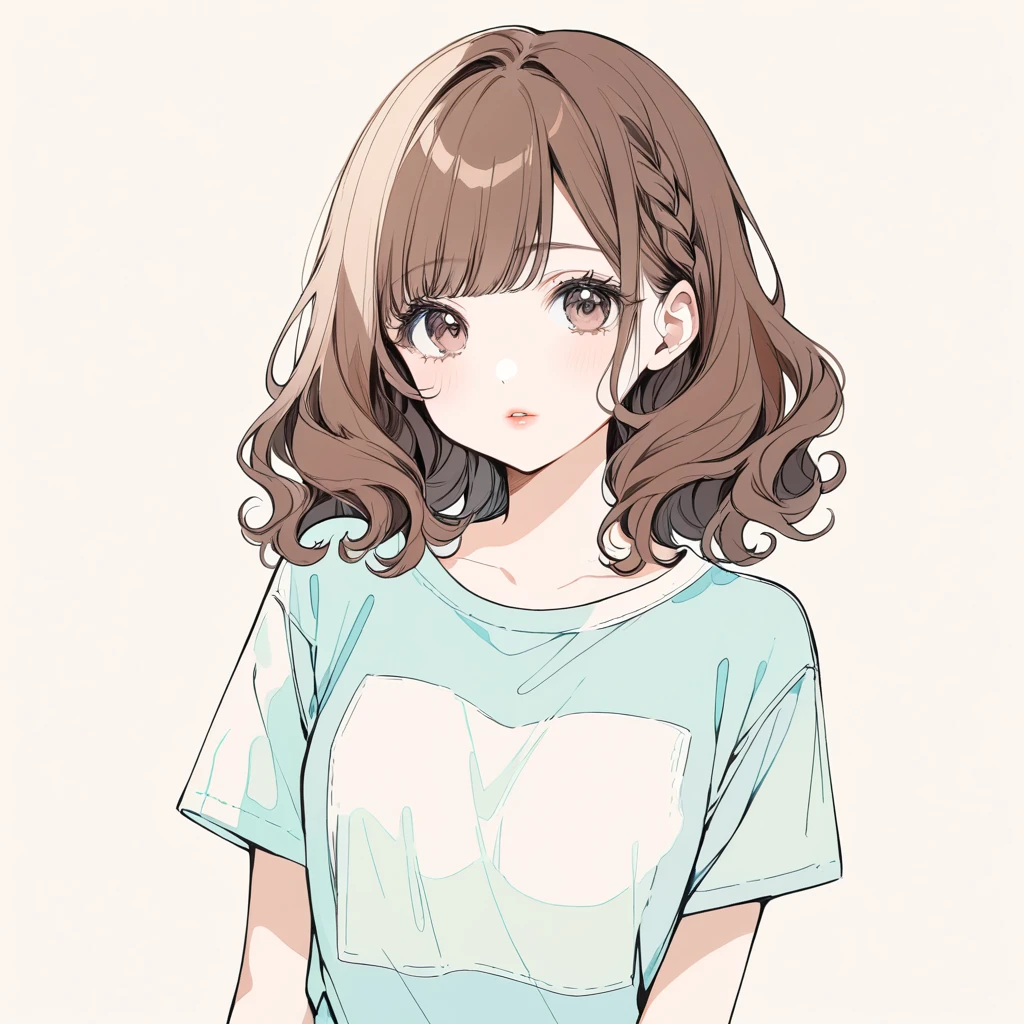 Girl‚ brown eyes‚ beautiful eyelashes‚ lips‚ brown hair‚ short brown hair‚ short curly brown hair, big milk shirt, Pastel colors, lineart, simple background, (watercolor:0.5)