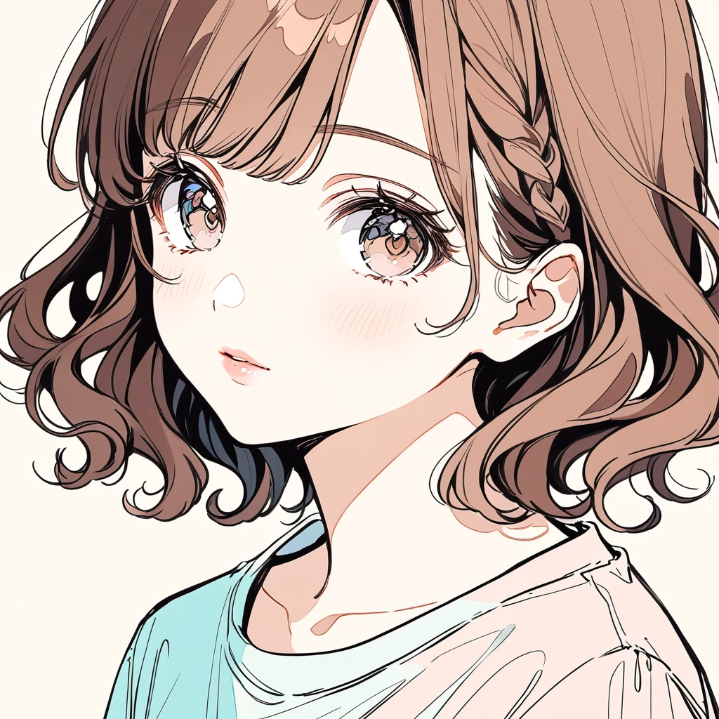 Girl‚ brown eyes‚ beautiful eyelashes‚ lips‚ brown hair‚ short brown hair‚ short curly brown hair, big milk shirt, Pastel colors, lineart, simple background, (watercolor:0.5)