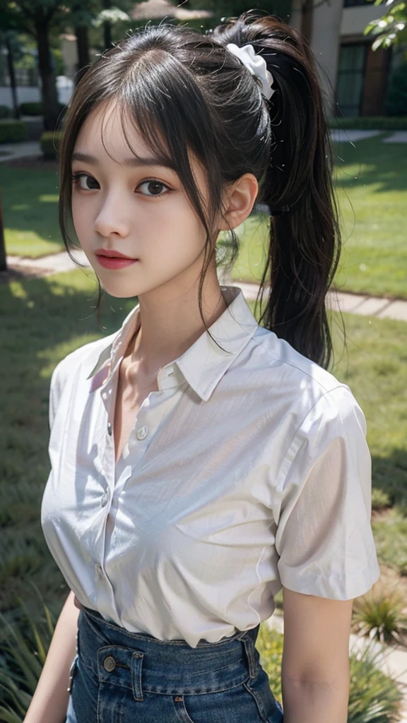 White collared shirt,jeans,Park,On the lawn,Close up face,One woman,masutepiece, The highest image quality, High quality, the background is clear,Beautiful woman, Japanese,Ultra-detailed, finely detail, hight resolution, 8K Wallpaper, Perfect dynamic composition, Beautiful detailed eyes , Detailed, Detailed eyes, Detailed skin, Beautiful skin, 超hight resolution, (reality: 1.4),Very beautiful woman, Slightly younger face, Beautiful skin, slender, (Ultra photo realsisim), (hight resolution), (8K), (Very detailed) (beautifully detailed eyes), (super detailed), (Detailed face), view the viewer, Fine details, Detailed face, Staring straight ahead, Staring straight ahead, photos realistic, Bright lighting, Professional Lighting, Black hair,poneyTail,a baby face,fourteen years old,Hairstyle: ponytail,Long ponytail hairstyle,slight smile,neat and tidy clothing,Beautiful Japanese KPOP idol photo, hair style is ponytail, my eyes are double and wide, baby face, smile and look straight ahead, slender, small breasts,Close up face,