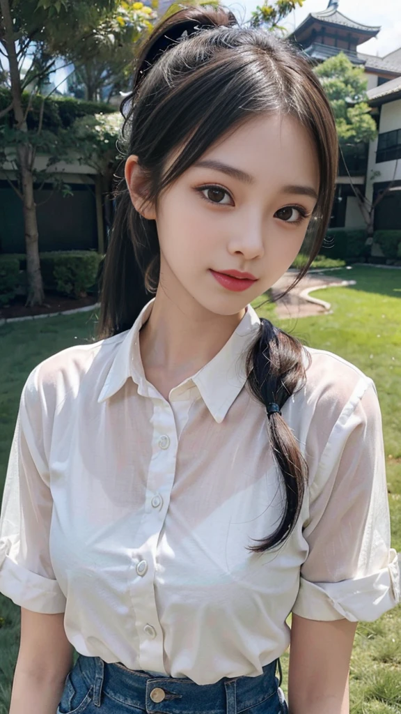 White collared shirt,jeans,Park,On the lawn,Close up face,One woman,masutepiece, The highest image quality, High quality, the background is clear,Beautiful woman, Japanese,Ultra-detailed, finely detail, hight resolution, 8K Wallpaper, Perfect dynamic composition, Beautiful detailed eyes , Detailed, Detailed eyes, Detailed skin, Beautiful skin, 超hight resolution, (reality: 1.4),Very beautiful woman, Slightly younger face, Beautiful skin, slender, (Ultra photo realsisim), (hight resolution), (8K), (Very detailed) (beautifully detailed eyes), (super detailed), (Detailed face), view the viewer, Fine details, Detailed face, Staring straight ahead, Staring straight ahead, photos realistic, Bright lighting, Professional Lighting, Black hair,poneyTail,a baby face,fourteen years old,Hairstyle: ponytail,Long ponytail hairstyle,slight smile,neat and tidy clothing,Beautiful Japanese KPOP idol photo, hair style is ponytail, my eyes are double and wide, baby face, smile and look straight ahead, slender, small breasts,Close up face,