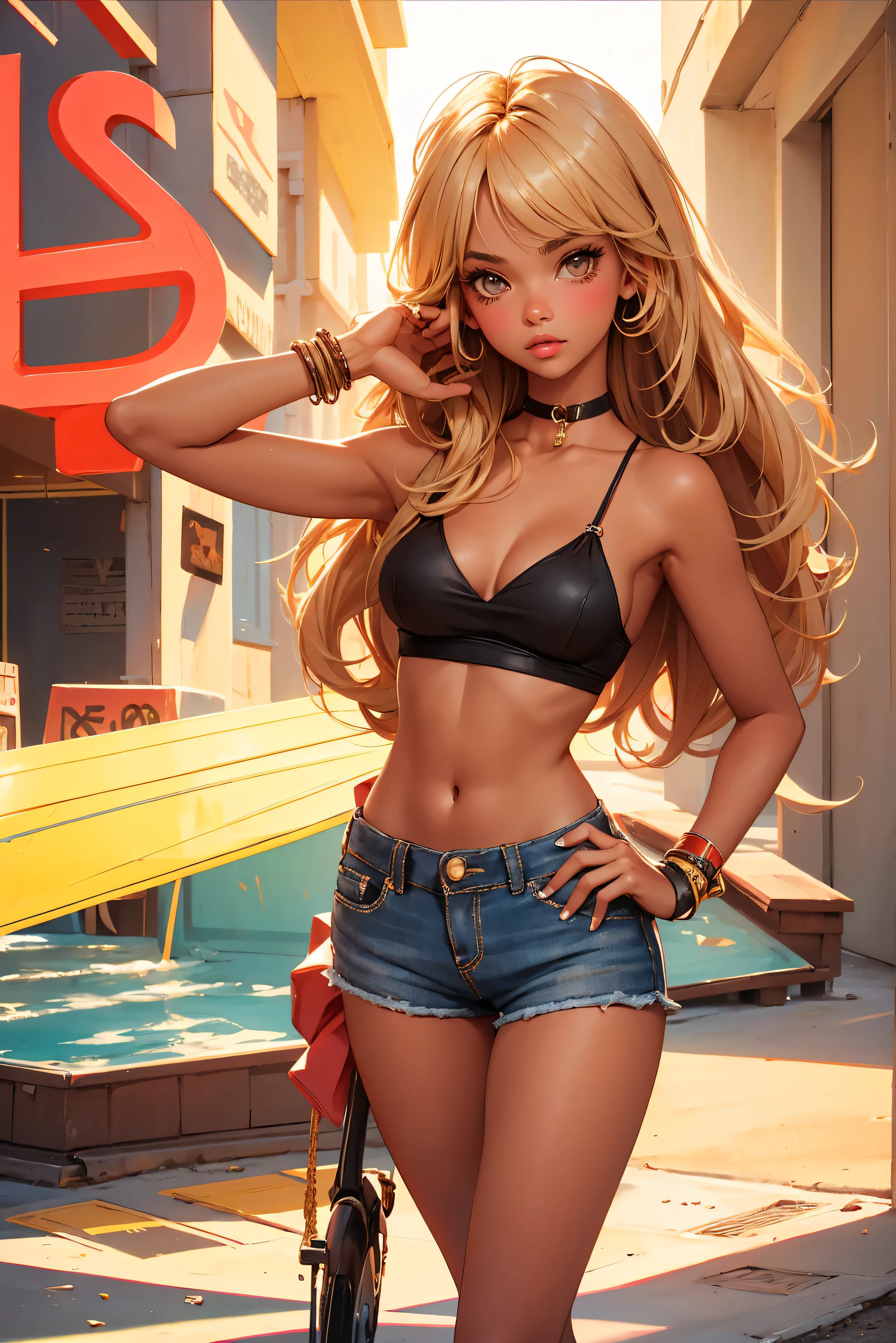 age girl-model 18 years old, beautiful, tanned, blonde, bob hair, bangs, brown eyes, beautiful figure, girl wearing crop shirt and too short mini shorts, beautiful long legs, slave bracelets, slave choker, manicure, cute makeup, flirtatiously posing, hot summer, hot flirty, sexy posing, summer outfit, top quality, higest quality, pin-up style, retro 80s style, Daisy Dukes style, slave girl, Miami vibes
