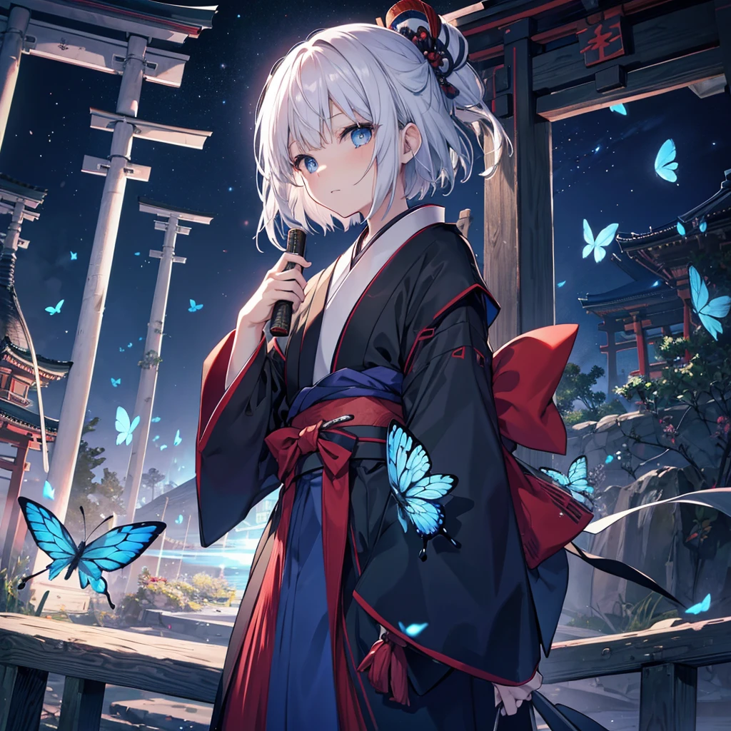 (((1 person))) ((High resolution Gray Hair short hair Black kimono Shoulder knifeを構える)) ((Black Band samurai Lonely despair blue eyes)) ((Blue Butterfly night Japanese style old Shining Aura garden shrine torii Catch the wind)) (dance 日本knife knife Slashing) moonlight star Draw your sword Reflected light Shining Background Shining Edge