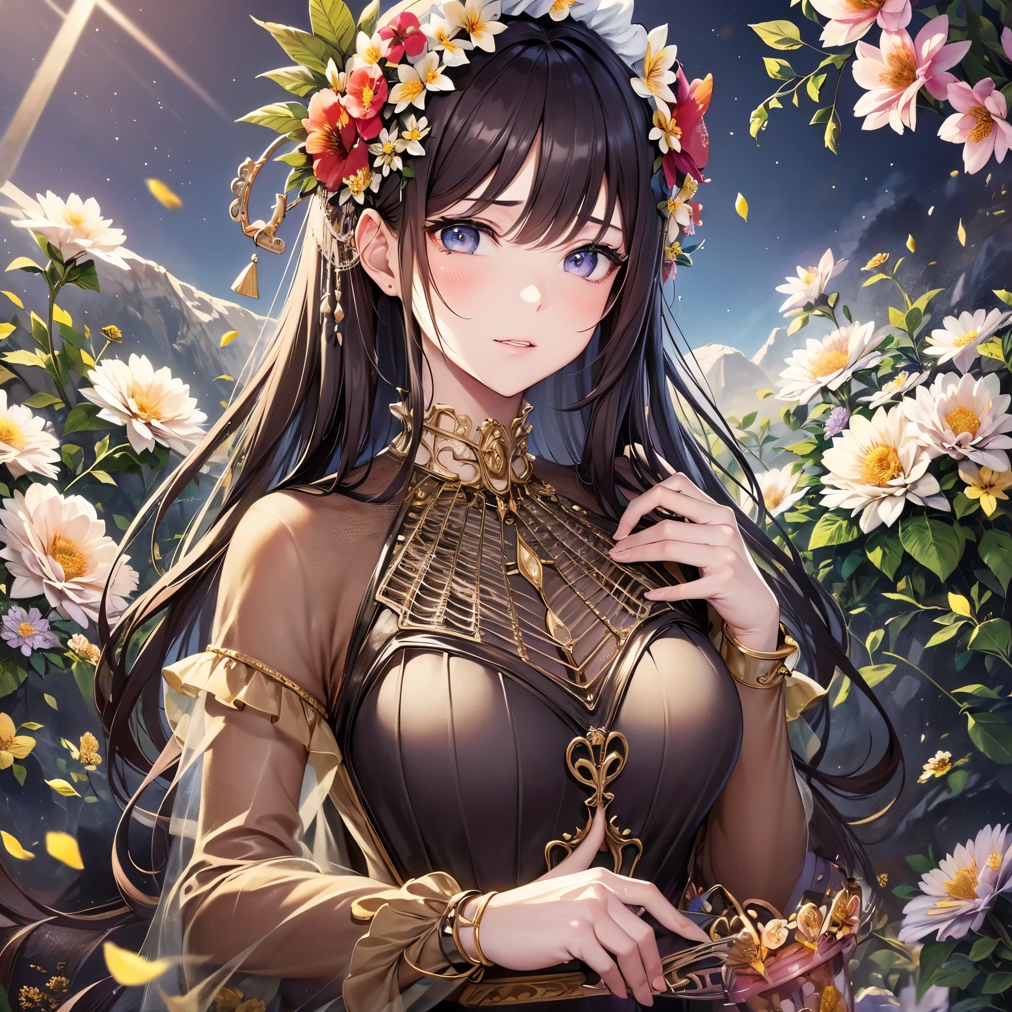 ((Highest quality)),(Ultra-high resolution),(Very detailed),(Detailed Description),((The best CG)),(A masterpiece),Ultra-detailed art,Amazing painting art,(Art with precise detail:1.5), (Adult female:1.6),(Beautiful and well-proportioned face:1.3),Confused face:1.6,(dress:1.6), (Flower cage:1.8)