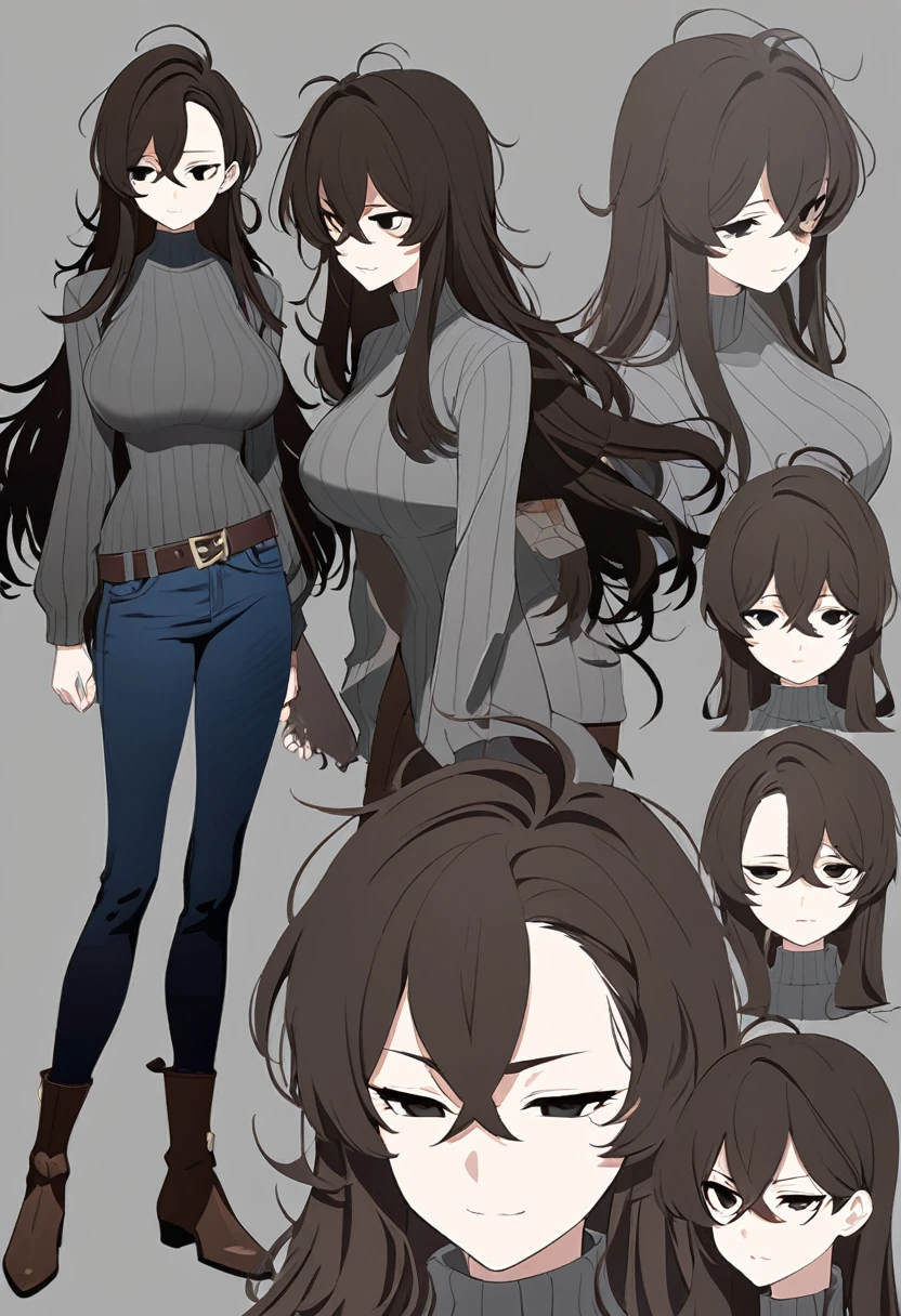 One Woman,Downer,older sister,Concept Art,Dark brown hair,Straight hair with slight inward curls,Staring eyes,Eye Ridge,black eye,Crossed bangs,whole body,smile,Larger breasts,Gray background,Bangs that reach down to the eyes,Messy hair,Tight dark jeans,Gray turtleneck sweater,Multiple views of the same character,Character Design,Dark circles under the eyes,Bad look,Listless,Sloppy,Silver Jewelry,Cafe staff,whole bodyCharacter Design,Detailed hands,Height: 170cm,boots,