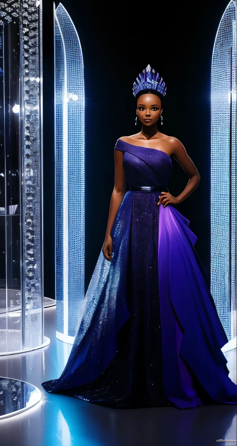 Foto grande angular de uma imagem em preto e branco de uma linda mulher negra com cabelos cacheados coloridos e vestida com roupas de alta moda de design africano, standing in a couture model pose in a clear glass museum filled with puzzles glowing in blue and violet colors, the entire scene in black and white only the colors of the scene are blue and violet, com luz iridescente, imagem hiper-realista, 32K, ultra HD, cinematic lighting
