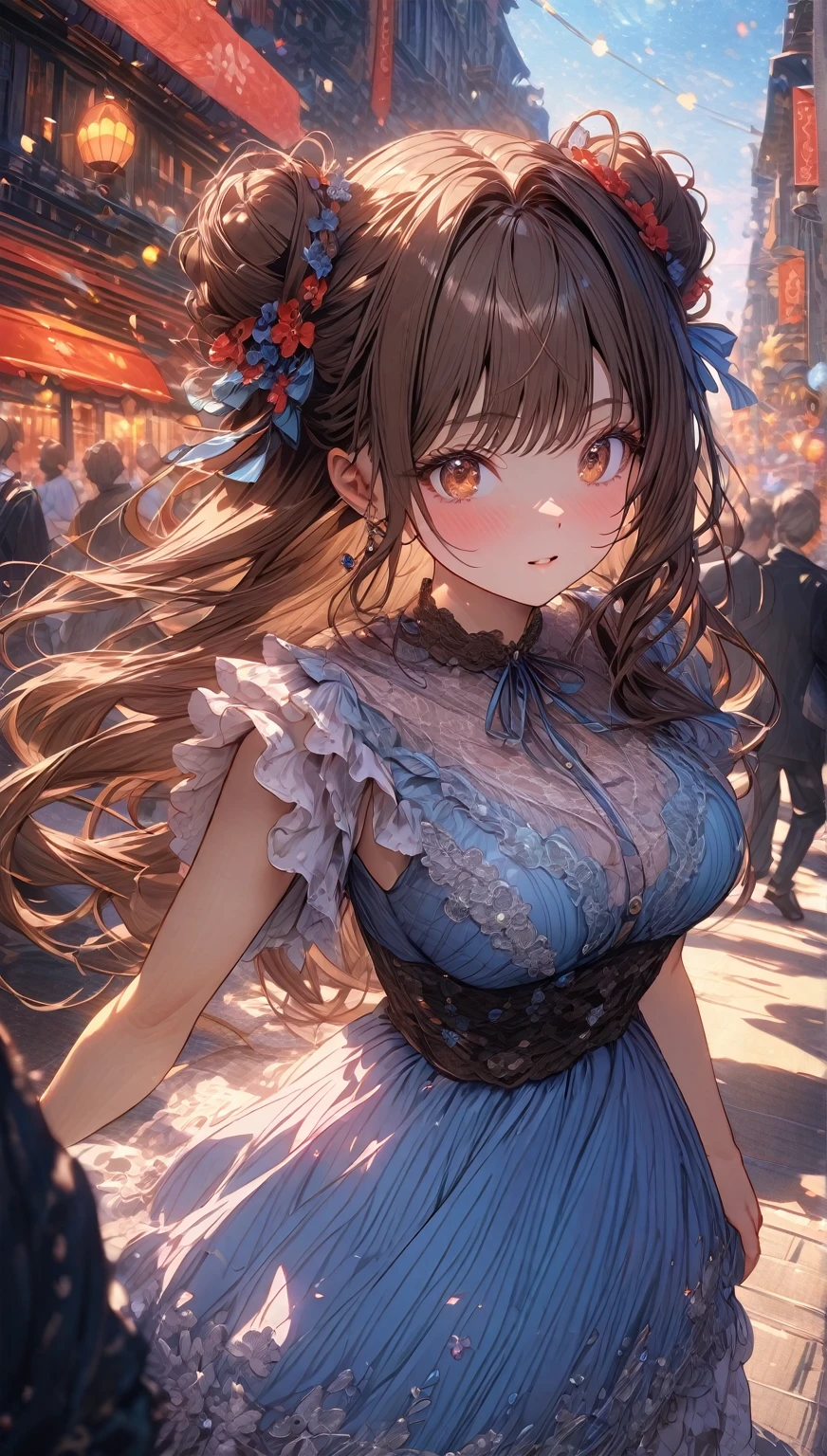 ((masterpiece:0), best quality, very aesthetic, newest, absurdres, detailed, high quality)
BREAK
highest quality, top quality, details, highres, ultra fine painting, digital art, official art, cinematic, 4k, 8k resolution, 8K CG wallpaper, CG, original artwork, detailed background, colorful background, blue atmosphere, High Dynamic Range, blurry background, blue hour, Starburst effects, crepuscular rays, good ISO, high resolution, wide shot, from far away, RAW photo, POV, sharp focus, light reflection, reflections, intricate details, soft light, particle noise, professional photography, bokeh, depth of field, natural lighting, vibrant colors, looking away, detailed lights and shadows, stylish, ultra-detailed, top rated on Pixiv, trending on Artstation, niji style, modern-days, master crafted, pose
BREAK
solo, 1girl, a girl, correct fingers, detailed skin, (medium big breasts:1.2), big thighs, short torso, short body, flushtered, anxious expression, casual, slim, ((cute, childlike face):1.3), nice hips, nice body, brown hair, (long flowing hair:1.1), big 2 buns hairstyle, long bangs, long hair, middle hair bangs, brown eyes
BREAK
(floral blouse, flowy skirt) 
BREAK
a close up of a person walking down a street with a crowd of people, crowded street, crowded streets, in front of a large crowd, giant crowd, girl walking through city, people walking down a street