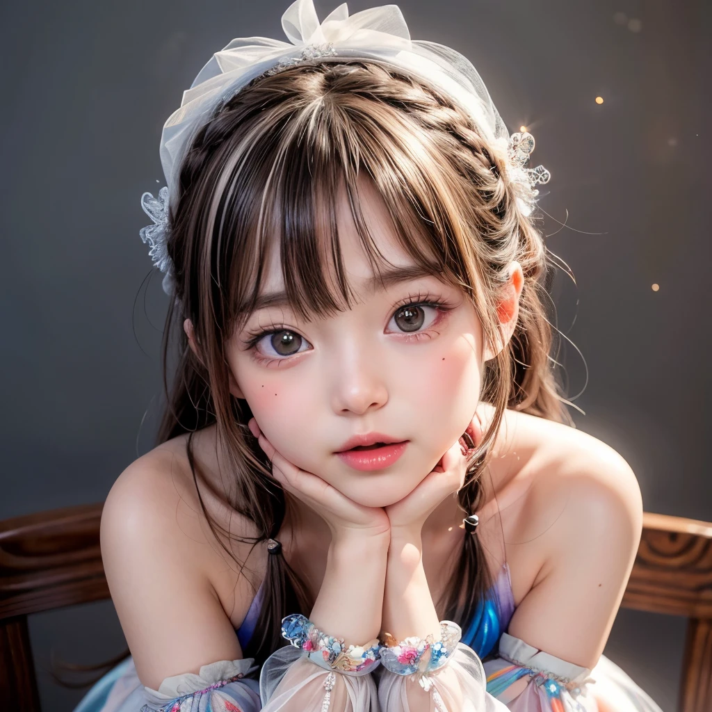 NSFW, 8k, High-level, absurd, masterpiece, best quality, primitive, very detailed CG, very detailed wallpaper, perfect lighting, Extremely detailed (((The personifying " Heidi Girl of the Alps " as a Girl))), MysticSight, Tyndall effect, Tyndall scattering, Studio gray background with (many Dazzling RainbowColor particles BokeH:1.28), (RoundlyButts, ThighGap), (Exposed:0.4), (Assfocus with looking ahead), BREAK (NOGIZAKA face variations) Extremely Detailed very KAWAII face variations, perfect anatomy, Childish, captivating gaze, elaborate detailed Eyes with (sparkling highlights:1.28), long eyelashes、Glossy RED Lips with beautiful details, Coquettish tongue, Rosy cheeks, Radiant PearlSkin with clear transparency . { (Dynamic LifeLike expressions:1.4) | :d) }, (large eyes:-1) .