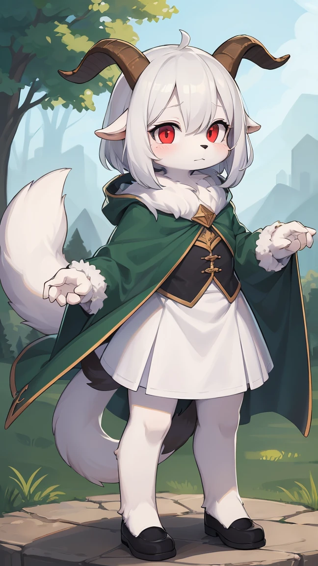 Rori the fox, riding on wolf, was hairy, shaggy, skin fur, smooth lashes, white fur, forelimb hands, straight long white hair, solid circle eyes, ((goat horns)), white facial fur, shiny hair, red eyes, super cute face, 1goat tail, fluffy tail, furry tail, glowing eyes, green cloak, white skirt, standing, sad face, ambient light, ultra-fine fur, dashed eyes, full body, masterpiece, high quality, high-details, best quality, wide short, (((solo)))