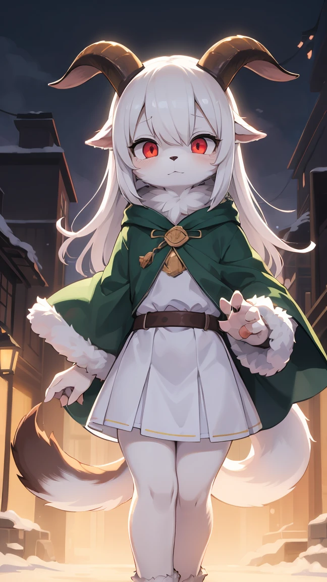 Rori the fox, riding on wolf, was hairy, shaggy, skin fur, smooth lashes, white fur, forelimb hands, straight long white hair, solid circle eyes, ((goat horns)), white facial fur, shiny hair, red eyes, super cute face, 1goat tail, fluffy tail, furry tail, glowing eyes, green cloak, white skirt, standing, sad face, ambient light, ultra-fine fur, dashed eyes, full body, masterpiece, high quality, high-details, best quality, wide short, (((solo)))