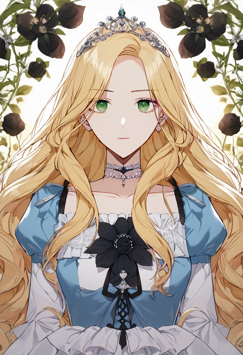 shoujo-style, floral background, romance manhwa, 1girl, blonde hair, solo, long hair, flower, dress, tiara, white dress, gloves, long sleeves, choker, green eyes, mascara, makeup, white gloves, black bow, black flower, wavy hair, bow, jewelry, looking at viewer, white background, collarbone, puffy sleeves, silver accessories, upper body, parted bangs, very long hair, blue dress, frills, bangs, closed mouth, detailed eyes, close up, gleaming skin, shiny glossy skin