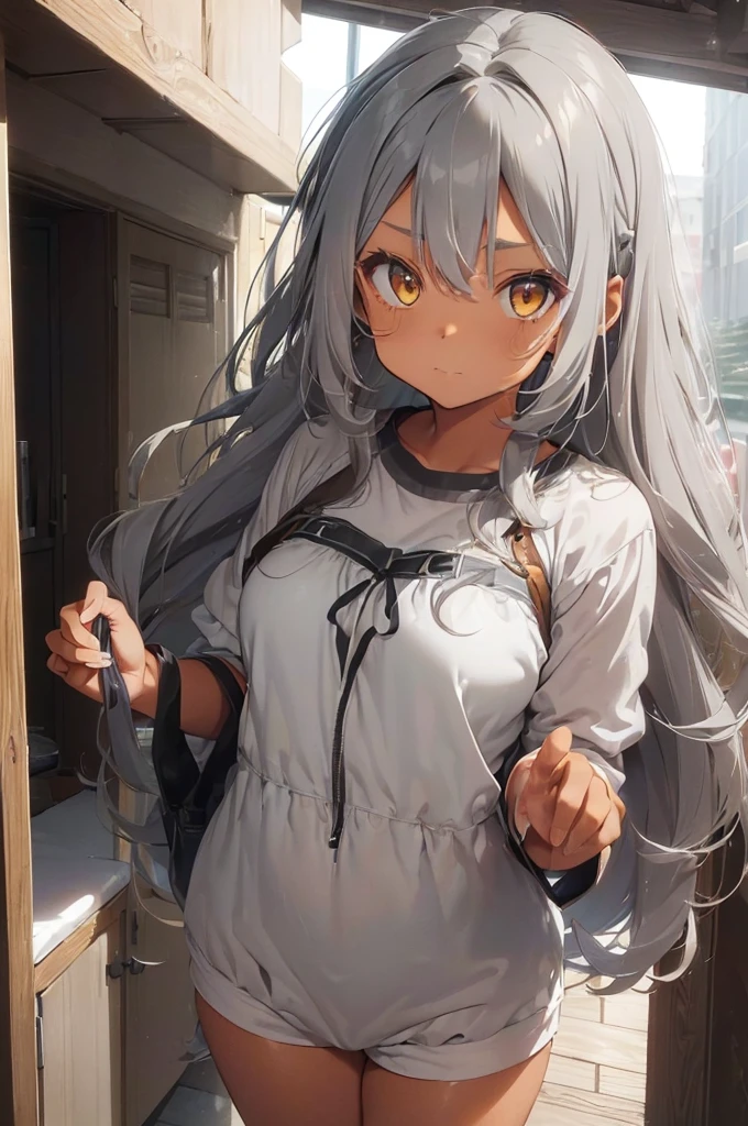 ((((tanned skin)))), ((((grey color hair))), long curly twin-tail hair with tousled ends, messy bangs that show forehead. Large, beautiful yellow eyes. Mom、Mother、rattle