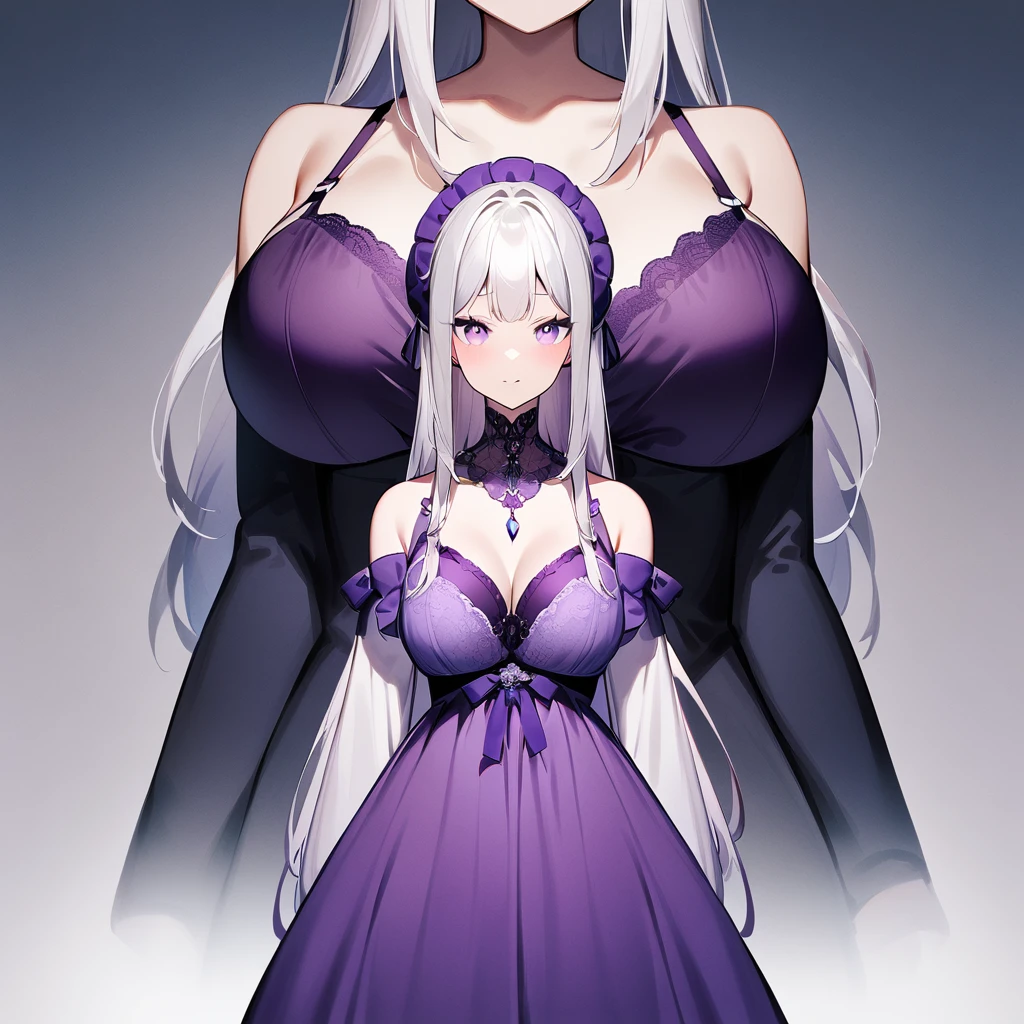 nafw,(2 girls:1.3),(duo),breast,absurdres,best quality,very aesthetic,absurdres,bra,(light silver White hair),太もも,(purple bra),(straight-on),(long hair),(gown)