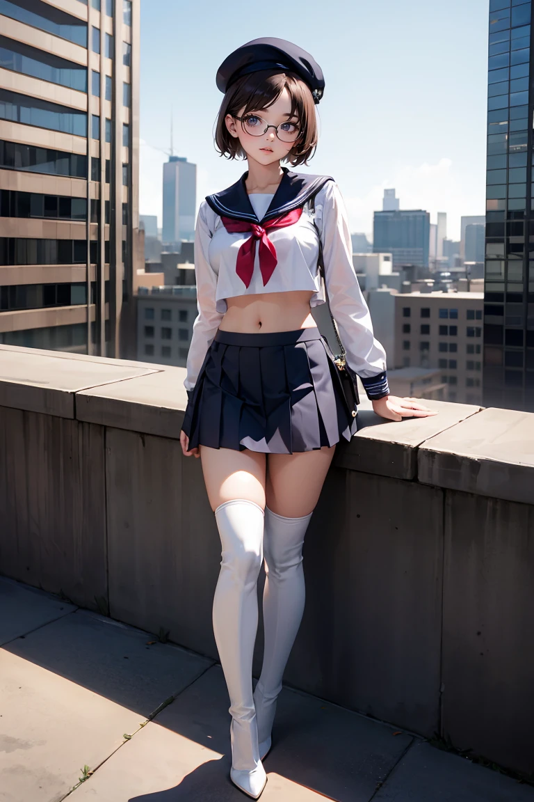 Best quality, Masterpiece, white thighboots, pleated skirt, sailor uniform, beret, glasses, short hair, medium breasts, cleavage, full body, city, high heels boots, navel