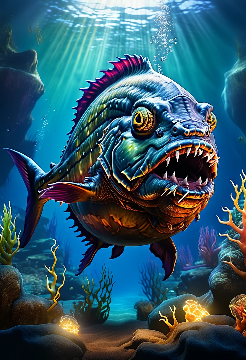 a high-quality artistic rendition of a menacing (piranha), capturing the essence of "The New Renaissance," with a focus on the theme of "Friend or Foe?" and the intensity of "the rip." surreal, vibrant colors, detailed texture, dynamic composition, underwater scene, abstract, storytelling, fantasy art, digital painting, high detail, 4k