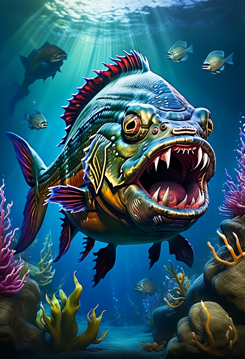 a high-quality artistic rendition of a menacing (piranha), capturing the essence of "The New Renaissance," with a focus on the theme of "Friend or Foe?" and the intensity of "the rip." surreal, vibrant colors, detailed texture, dynamic composition, underwater scene, abstract, storytelling, fantasy art, digital painting, high detail, 4k