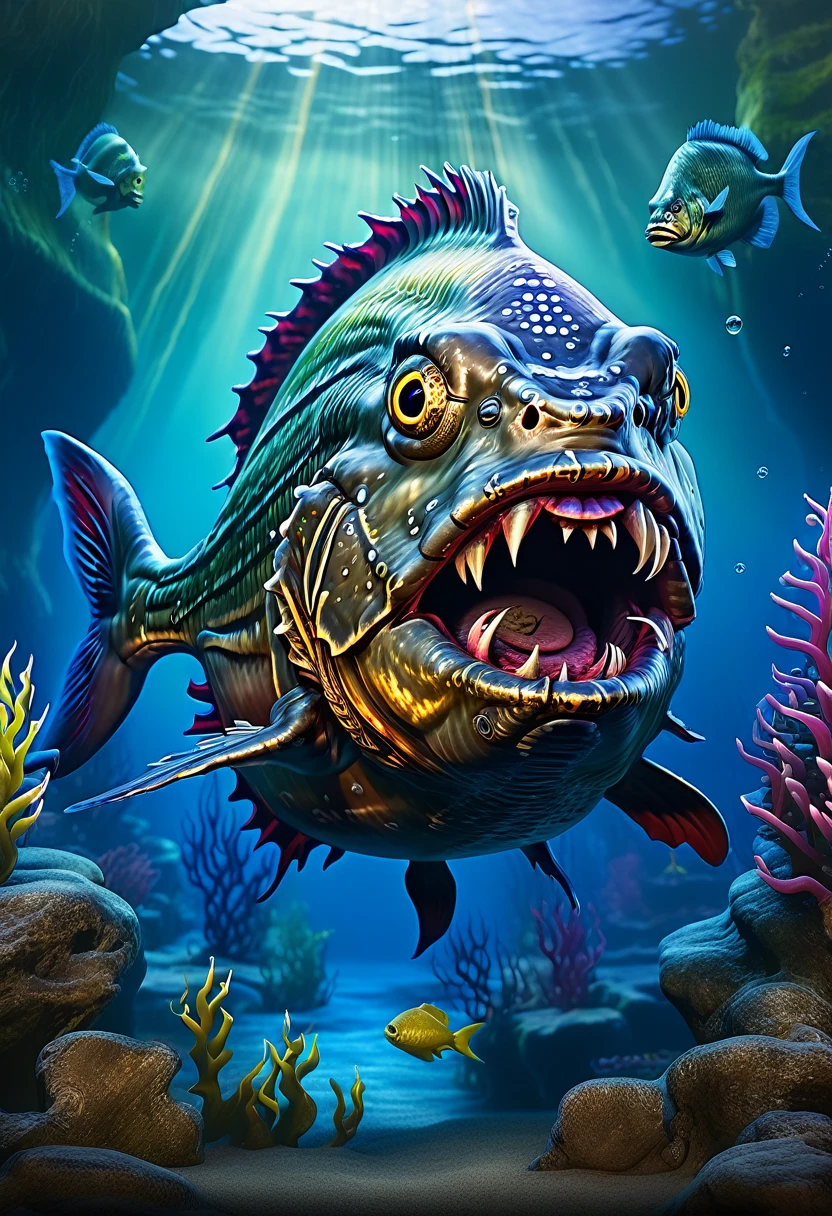 a high-quality artistic rendition of a menacing (piranha), capturing the essence of "The New Renaissance," with a focus on the theme of "Friend or Foe?" and the intensity of "the rip." surreal, vibrant colors, detailed texture, dynamic composition, underwater scene, abstract, storytelling, fantasy art, digital painting, high detail, 4k