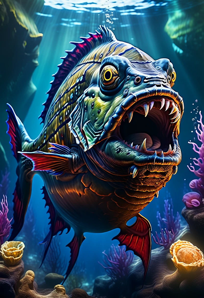 a high-quality artistic rendition of a menacing (piranha), capturing the essence of "The New Renaissance," with a focus on the theme of "Friend or Foe?" and the intensity of "the rip." surreal, vibrant colors, detailed texture, dynamic composition, underwater scene, abstract, storytelling, fantasy art, digital painting, high detail, 4k