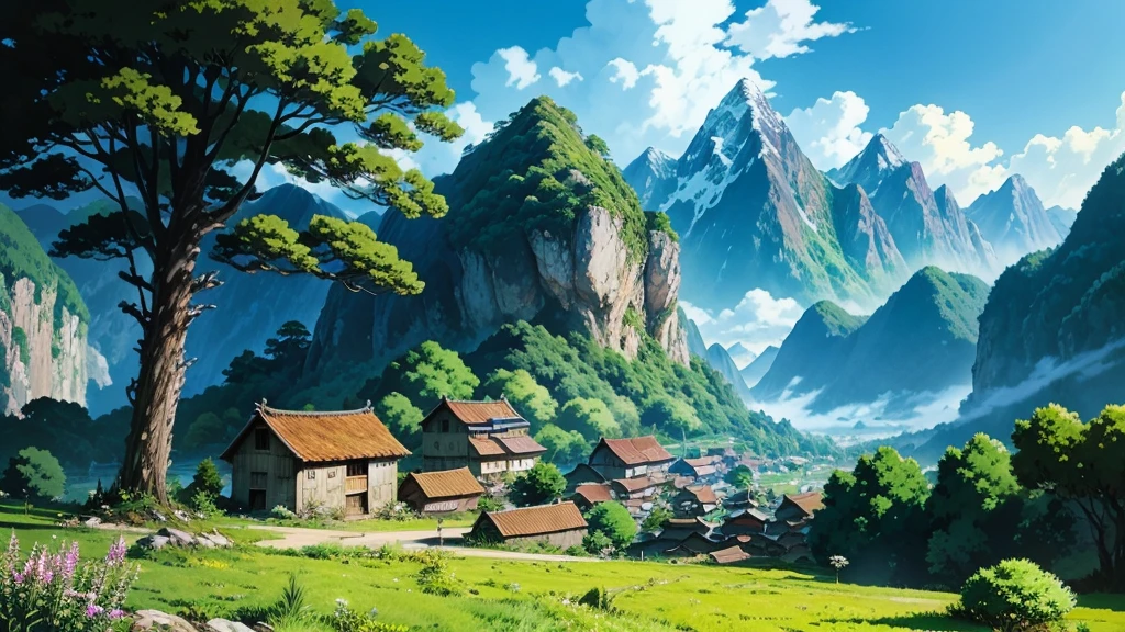 anime scenery of a village with a mountain in the background, anime countryside landscape, beautiful anime scenery, anime landscape, anime scenery, anime landscape wallpaper, anime background art, detailed scenery —width 672, anime beautiful peace scene, beautiful anime scene, anime scenery concept art, studio ghibli landscape, scenery artwork, heroine japan vivid landscape, studio ghibli environment, distant village background, , anime background art, amazing wallpaper, background art, hd wallpaper, relaxing concept art, beautiful wallpaper, high quality desktop wallpaper, background artwork, pc wallpaper, anime background, wallpaper hd, 8K image quality, Masterpiece