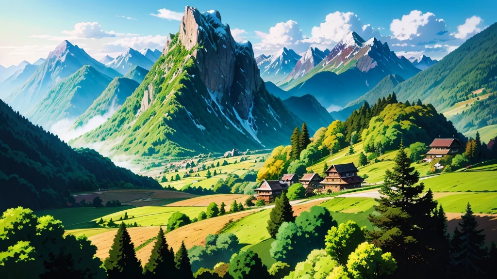 anime scenery of a village with a mountain in the background, anime countryside landscape, beautiful anime scenery, anime landscape, anime scenery, anime landscape wallpaper, anime background art, detailed scenery —width 672, anime beautiful peace scene, beautiful anime scene, anime scenery concept art, studio ghibli landscape, scenery artwork, heroine japan vivid landscape, studio ghibli environment, distant village background, , anime background art, amazing wallpaper, background art, hd wallpaper, relaxing concept art, beautiful wallpaper, high quality desktop wallpaper, background artwork, pc wallpaper, anime background, wallpaper hd, 8K image quality, Masterpiece