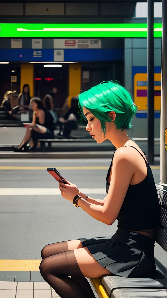 a beautiful girl wearing a v-neck top, bare shoulders, sleeveless, long side swept light neon green hair, checking her phone, pantyhose, high boots, short skirt, sitting on a bench in a subway station, artifical lights, with a pigeon in the bench, cinematic, draw, perfespective, from the left, profile, masterpiece, best quality, in the style of (samdoesarts)