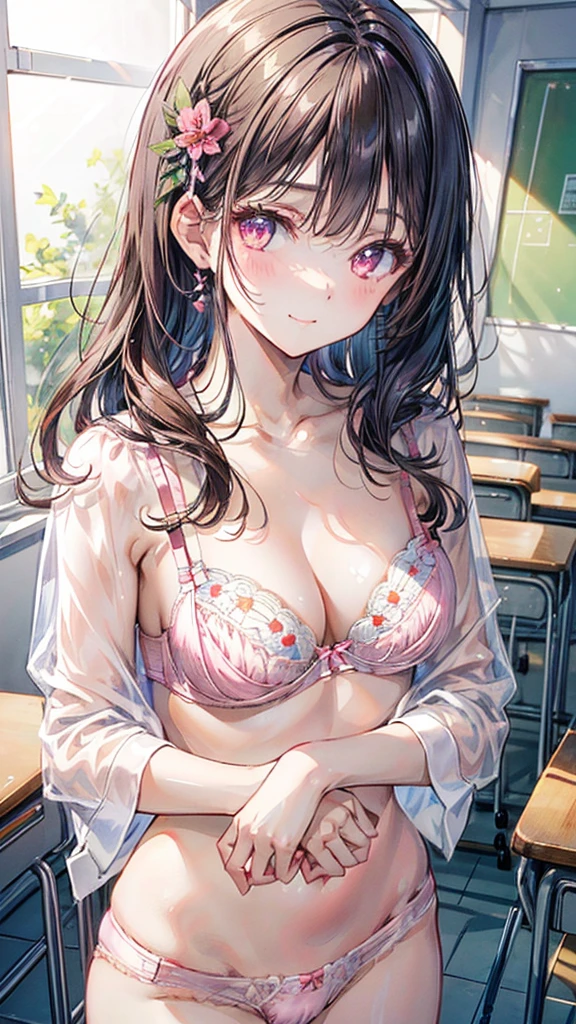 (Best quality, 8k, 32k, Masterpiece, UHD,:1.2),RAW, (3girls),ultra cute , natural lighting,transparent shining eyes, 20yo,medium breast ,fair complexion ,flushed face, ((Beautiful medium breasts)), ((bare breasts)), (Pink floral hair ornament), brown hair, (sheer microbra:1.6), cameltoe, School, classroom, soft smiling, naked, nude, nsfw, hugging