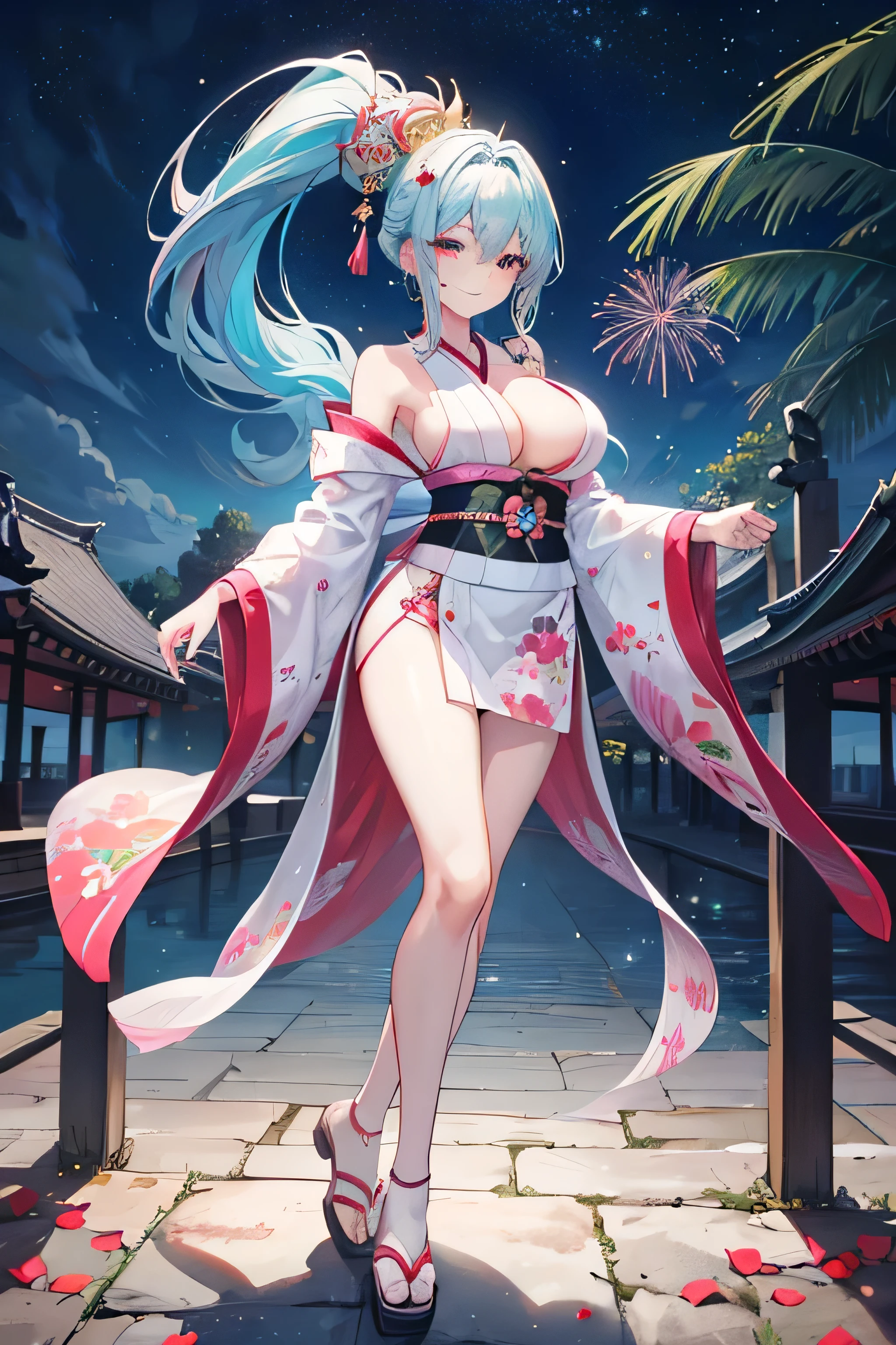 full body, masterpiece, 8k, ultra HD, sharp focus, details hair, beautiful hair, details face, beautiful detail eye, details pupil, perfect hand, vibrant colours, soft lighting.
1girl, long hair, ponytail, light blue-pink hair, dark green eyes, large breast, crown, sexy kimono, show chest, short kimono, beautiful kimono, elegant accessories, very sexy, sexy pose, smile, zori.
in temple, standing, beside tree, night, fireworks at sky, beautiful fireworks, nice clouds