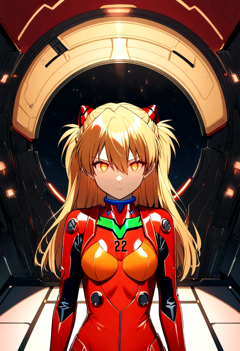 (Overhead view),dynamic angle,ultra-detailed, illustration, close-up, straight on, 1girl, 
 ((souryuu asuka langley, interface headset, red bodysuit:1.4, blonde)),Her eyes shone like dreamy stars,(glowing eyes:1.233),(beautiful and detailed eyes:1.1),(expressionless,closed mouth),(standing), 
(mechanic room with toolsand spaceship windowin a white SPACESHIP),
(night:1.2),dreamy, [[delicate fingers and hands:0.55]::0.85],(detail fingers),
