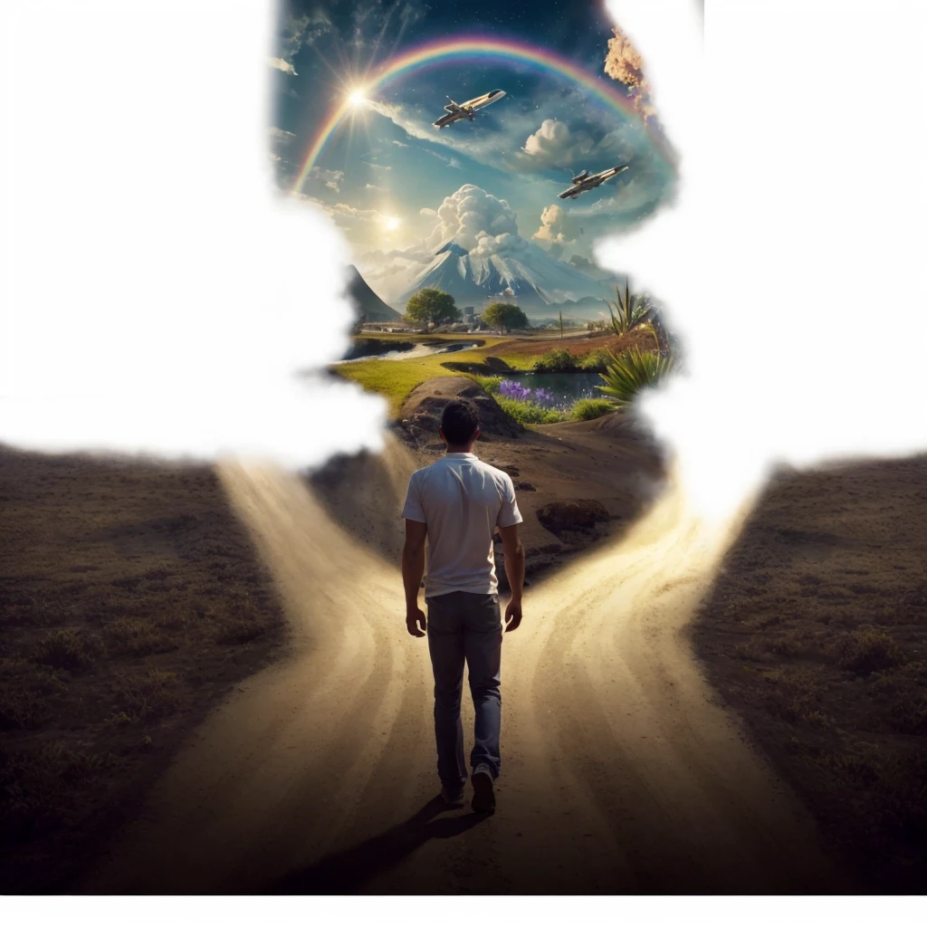 Very real image. There are two paths, one that leads you to destruction where there are volcanoes erupting, earthquakes, tidal waves, poor people. Another path that takes you to spirituality, to happiness, to goodness, to the connection with nature, both paths lead to paradise. Photorealism, full view, very detailed image, very realistic, hyperrealism, Ultra HD, 8k, 5, sharp focus, intricate and mysterious masterpiece. (Long exposure photography Highly detailed close-up portrait art illustration: final quality, medium shot, backlit, rich and striking. Enigmatic and mysterious manipulations (rule of thirds composition), ((detailed environment with strong lines) The best quality, in camera, white light, warm and clean aesthetics, dazzling screen composed of millions of bright ultraviolet rays, HDR.