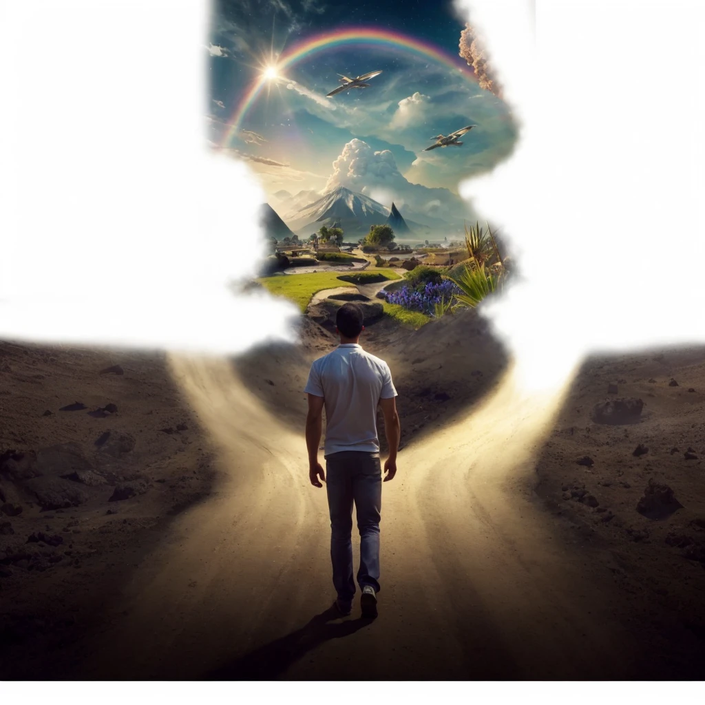 Very real image. There are two paths, one that leads you to destruction where there are volcanoes erupting, earthquakes, tidal waves, poor people. Another path that takes you to spirituality, to happiness, to goodness, to the connection with nature, both paths lead to paradise. Photorealism, full view, very detailed image, very realistic, hyperrealism, Ultra HD, 8k, 5, sharp focus, intricate and mysterious masterpiece. (Long exposure photography Highly detailed close-up portrait art illustration: final quality, medium shot, backlit, rich and striking. Enigmatic and mysterious manipulations (rule of thirds composition), ((detailed environment with strong lines) The best quality, in camera, white light, warm and clean aesthetics, dazzling screen composed of millions of bright ultraviolet rays, HDR.
