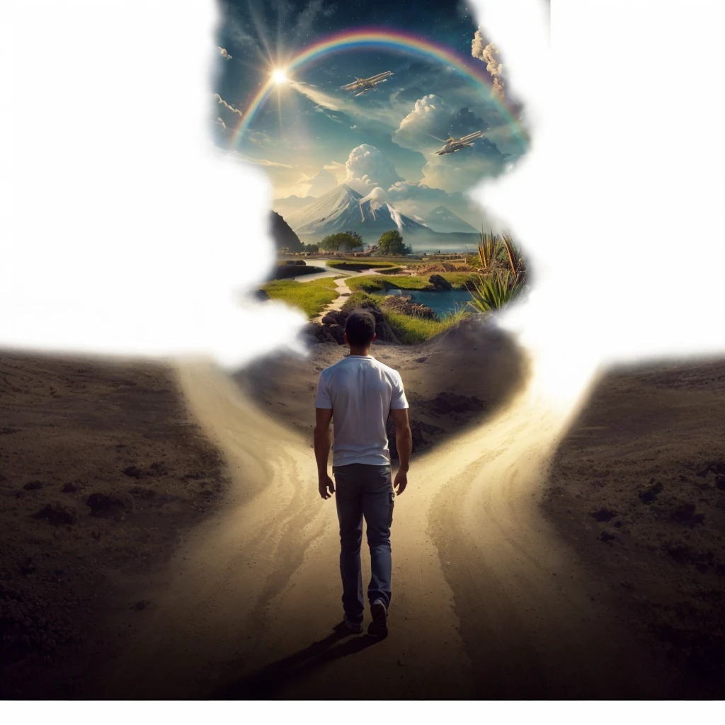 Very real image. There are two paths, one that leads you to destruction where there are volcanoes erupting, earthquakes, tidal waves, poor people. Another path that takes you to spirituality, to happiness, to goodness, to the connection with nature, both paths lead to paradise. Photorealism, full view, very detailed image, very realistic, hyperrealism, Ultra HD, 8k, 5, sharp focus, intricate and mysterious masterpiece. (Long exposure photography Highly detailed close-up portrait art illustration: final quality, medium shot, backlit, rich and striking. Enigmatic and mysterious manipulations (rule of thirds composition), ((detailed environment with strong lines) The best quality, in camera, white light, warm and clean aesthetics, dazzling screen composed of millions of bright ultraviolet rays, HDR.