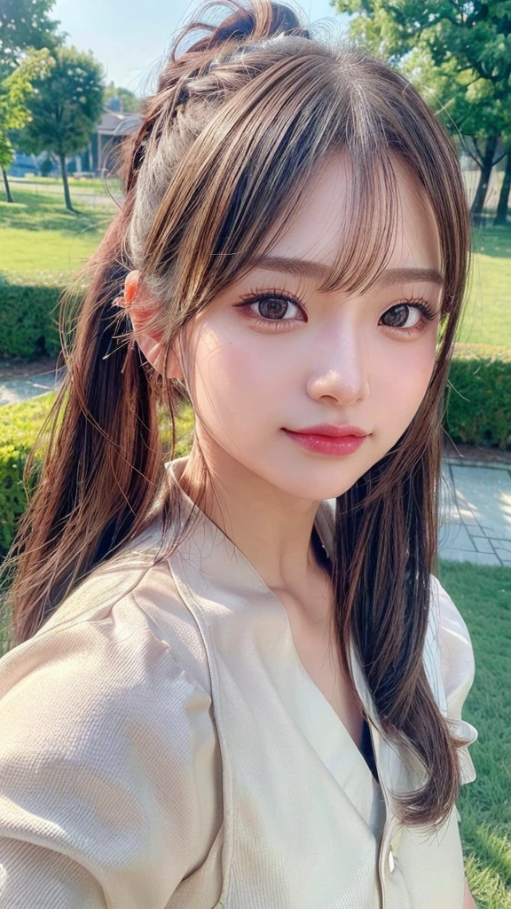 One piece with collar,outdoors,Urban Park,On the lawn,Ultra-detailed, finely detail, hight resolution, 8K Wallpaper, Perfect dynamic composition, Beautiful detailed eyes,Outdoor,Close-up of face,Outdoor,Blushing,Facing forward,,Long hair ponytail,((8k, Raw photo, Best Quality, Mastepiece:1.2), (Realism, Photorealistic:1.4), (Highly detailed 8K wallpapers), Depth of written boundary, Cinematic Lighting, Soft Light, Detailed Beauty Eye,Shiny and smooth light brown ponytail, Asymmetrical bangs, Shiny skin, Ultra-detailed skins ,It is high resolution., High detail, Detailed hairstyle, Detailed facial beauty, Hyper-realistic, Perfect limbs, Perfect Anatomy ,1 Japanese girl,Famous Japanese Idols, Perfect female body,A shy smile,Short eyelashes,Double-edged eyelids,Look straight here,Hair style: ponytail,